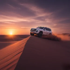 Desert Safari VIP Platinum in Dubai with luxury seating, dune bashing, camel ride, and golden sunset BBQ dinner